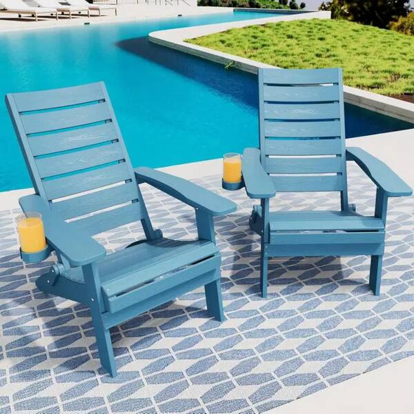 Mximu All-Weather HIPS Blue Folding Plastic Patio Adirondack Chair for Outdoor (Set of 2)