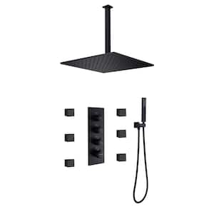 10 in. 6-Jet Ceiling Mounted Rain Shower System with Slide Bar Hand-Shower and Thermostatic Valve in Black