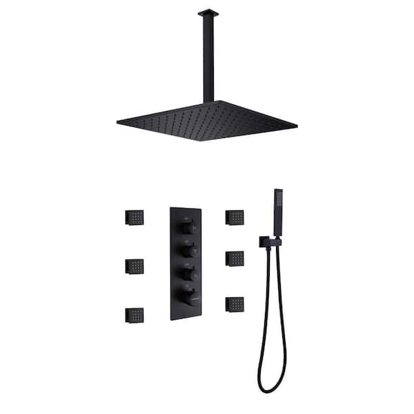 Flynama 10 in. 6-Jet Ceiling Mounted Rain Shower System with Slide Bar Hand-Shower and Thermostatic Valve in Black