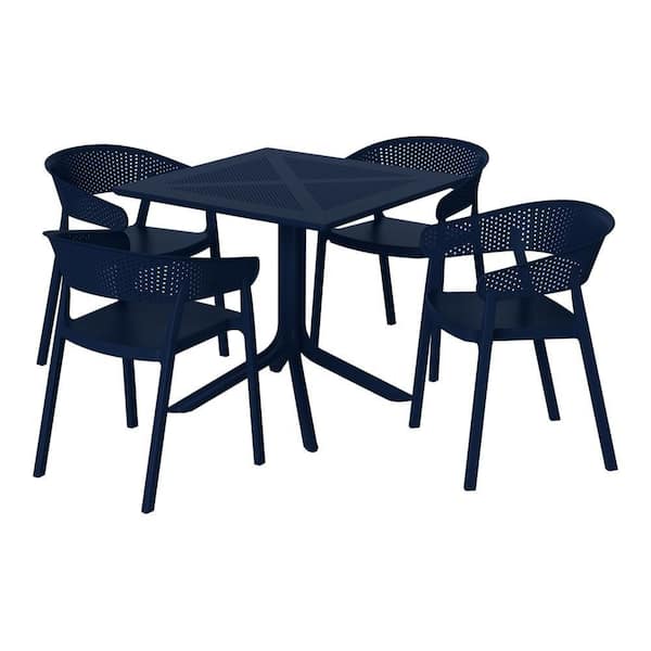 Frond and Form Modern Outdoor Patio Poly Plastic 5-Piece Square Table Dining Set with 4 Stackable Chairs in Navy Blue