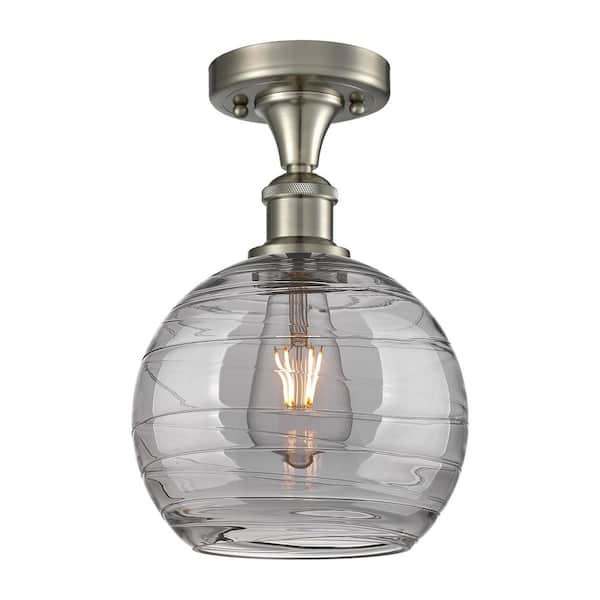 Innovations Athens Deco Swirl 8 in. 1-Light Brushed Satin Nickel Industrial Semi-Flush Mount with Smoked Glass Shade