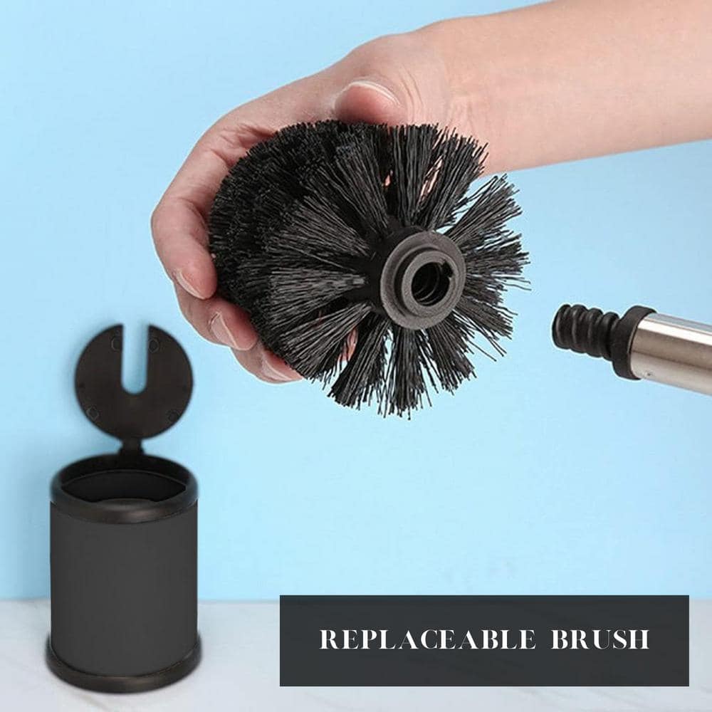 Compact Black and Stainless Steel Toilet Brush Set with Folding Lid
