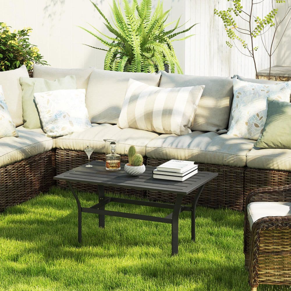 Black Metal Outdoor Coffee Table with Slatted Top, 36"