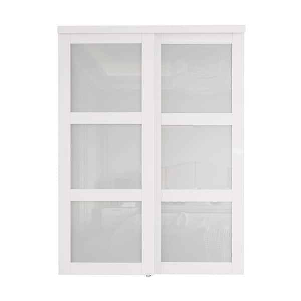 ARK DESIGN 60 in. x 80 in. 3-Lite Frosted Glass White Finished MDF Interior Closet Sliding Door with Hardware