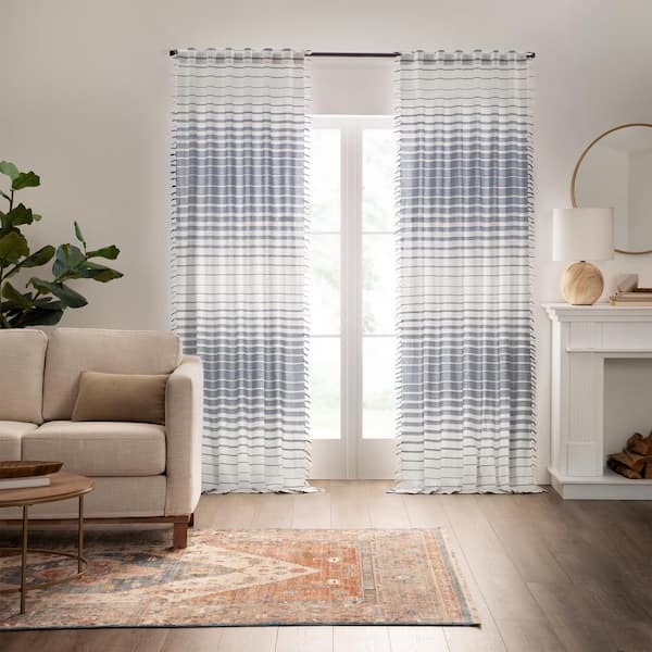 Mercantile Amari Navy Stripe Pattern Cotton 50 in. W x 95 in. L Light Filtering Single Rod Pocket Back Tab Curtain Panel