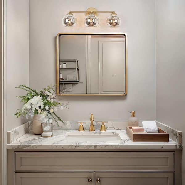 21 in. 3-Light Modern Gold Bathroom Vanity Light, Globe Mercury Glass Bath Lighting, Powder Room Bath Vanity Light