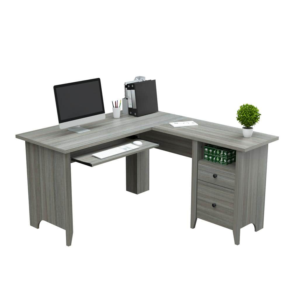 Luxe Gray Smoke Oak L-Shaped Computer Desk with Storage