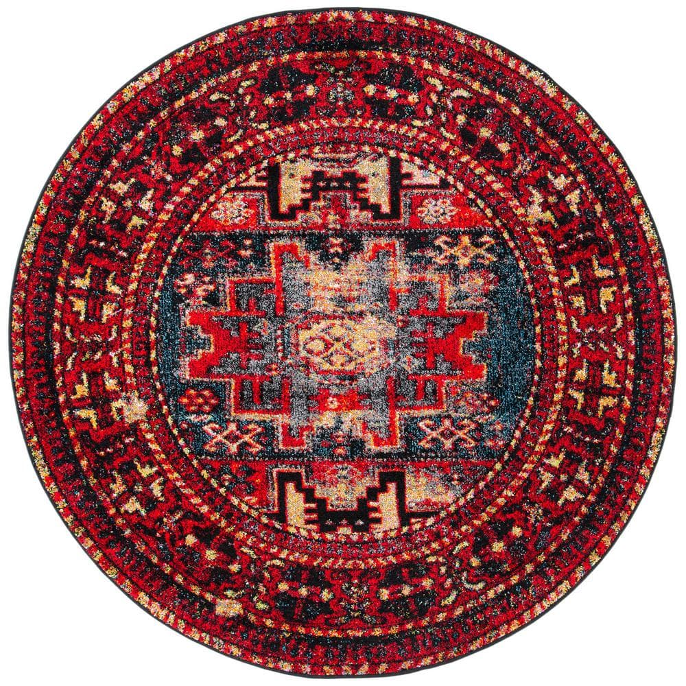 Vintage Red and Multi Round Synthetic Area Rug