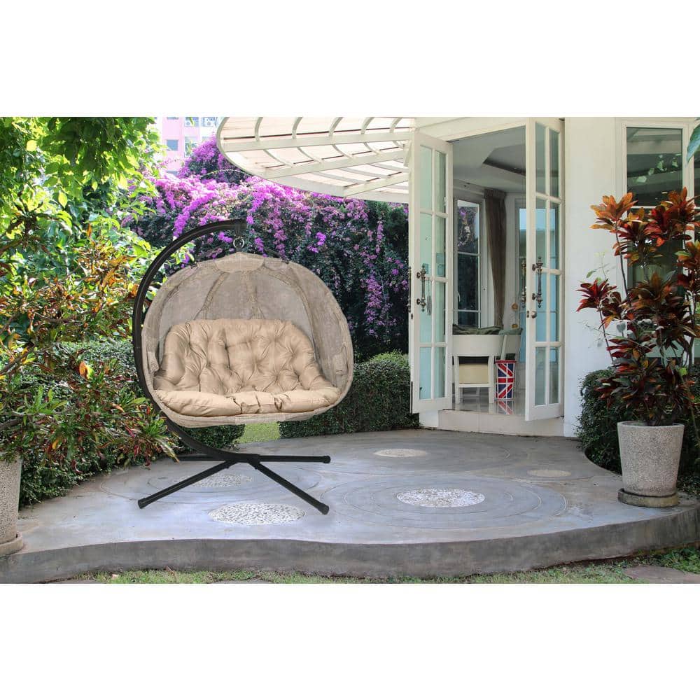 Bark Brown Hanging Pumpkin Chair with Cushions and Stand