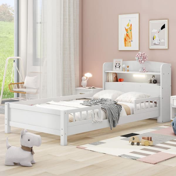Honour White Wood Frame Twin Size Platform Bed with Built-in LED Light, Storage Headboard and Guardrail