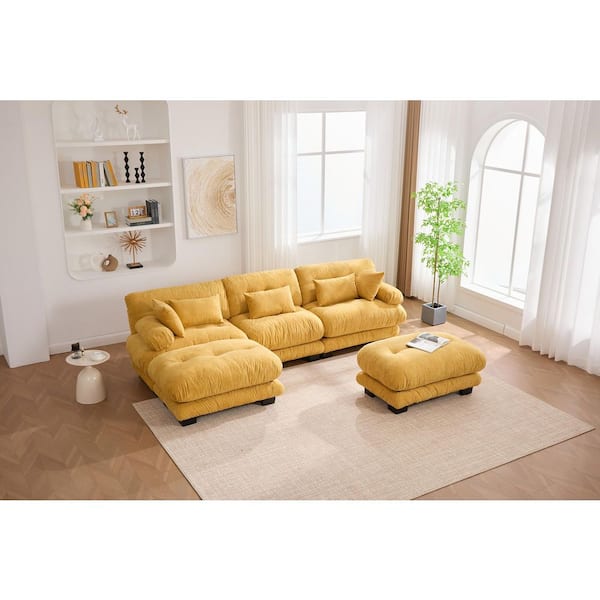 118 in. Bolster Armrest Pillows 3-Seater Pelletized Velvet U Shape Modular Sectional Sofa with 2 Ottomans in Yellow