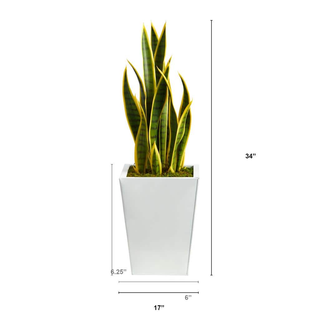 31-Inch Artificial Snake Plant in White Metal Planter
