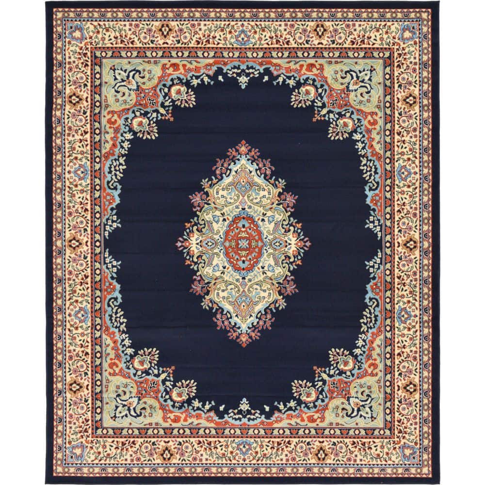 Navy Blue Medallion 8' x 10' Easy-Care Synthetic Rectangular Rug