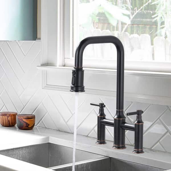 Double Handle Bridge Kitchen Faucet with Pull Down Sprayer in Oil Rubbed Bronze