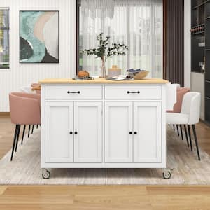 White Kitchen Cart with Natural Wood Top and Locking Wheels (54.3 in. W)
