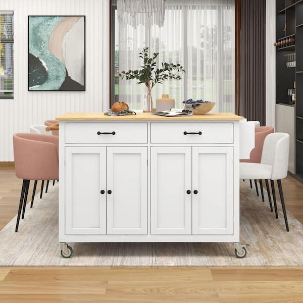 Unbranded White Kitchen Cart with Natural Wood Top and Locking Wheels (54.3 in. W)