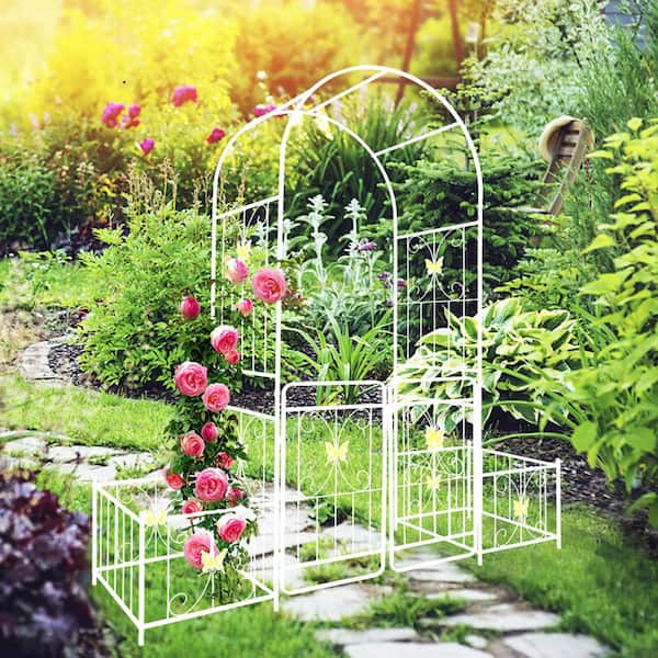 Unbranded 86.6 in. Metal Garden Arch with Gate, Outdoor Garden Arbors and Arches Arch Trellis for Climbing Plants, White