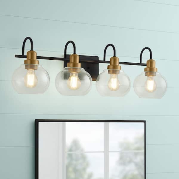 Home Decorators Collection Halyn 31.375 in. 4-Light Matte Black with Vintage Brass Bathroom Vanity Light Accents and Clear Glass Shades