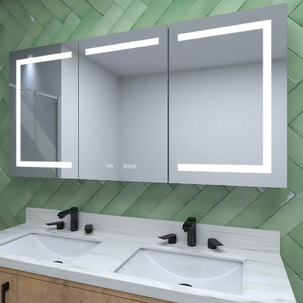 60 in. W x 30 in. H Rectangular Silver Aluminum Recessed/Surface Mount Medicine Cabinet with Mirror, LED and Clock