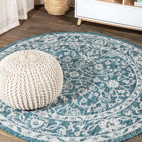 Teal/Gray 5 ft. Round Palazzo Vine and Border Textured Weave Indoor/Outdoor Area Rug