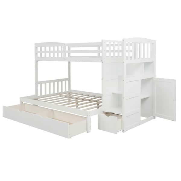 Full Twin Bunk Bed With Storage Shelves, White Bunk Beds With Drawers