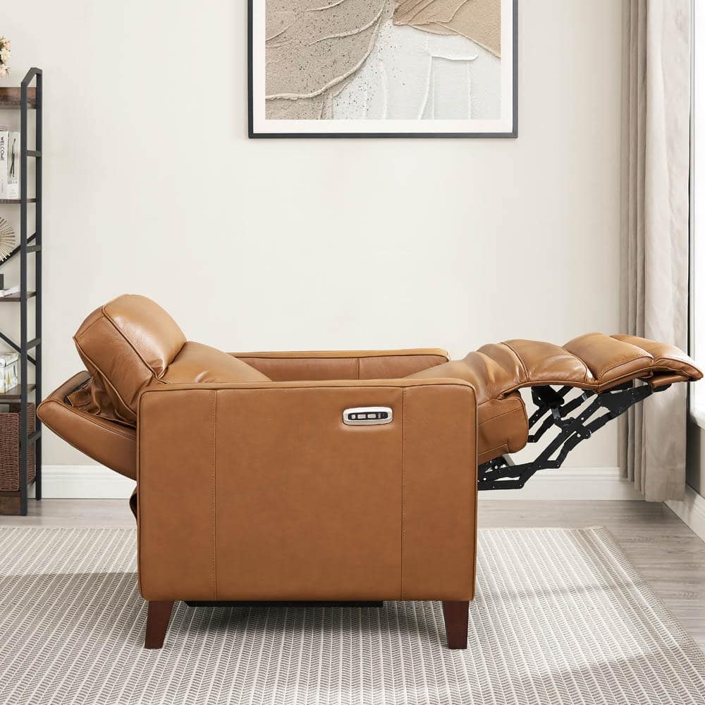 Cognac Genuine Leather Zero Gravity Recliner with Wood Frame