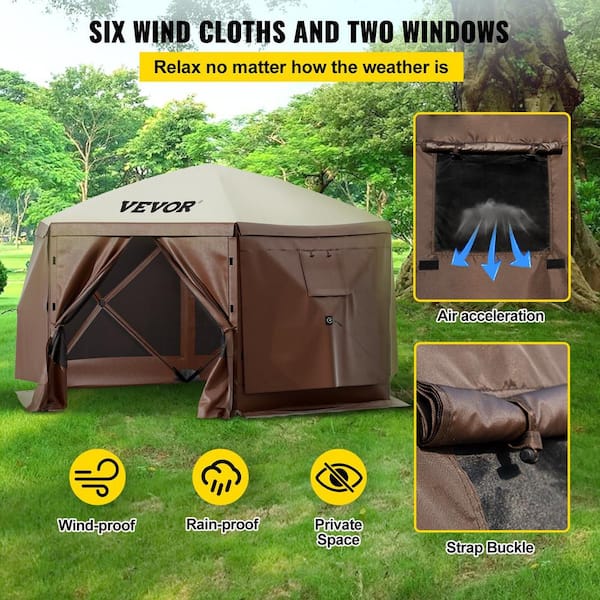Afoxsos 12 ft. x 12 ft. Brown/Beige 6 Sided Pop-Up Camping Gazebo Canopy Screen Shelter Tent with Mesh Windows