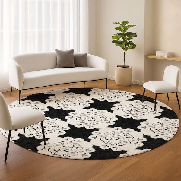 Chantille Machine Washable Indoor/Outdoor Abstract ACN2352 Black 8 ft. x 8 ft. Round Rug