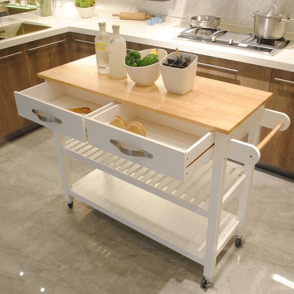 Dream Link White Kitchen Island Cart With Wooden Tabletop And Rolling Wheel 2 Shelves Large Drawers Storage Aybszhd344 Large Drawers Rolling Storage Cart, Portable Kitchen Island With Seating And Storage
