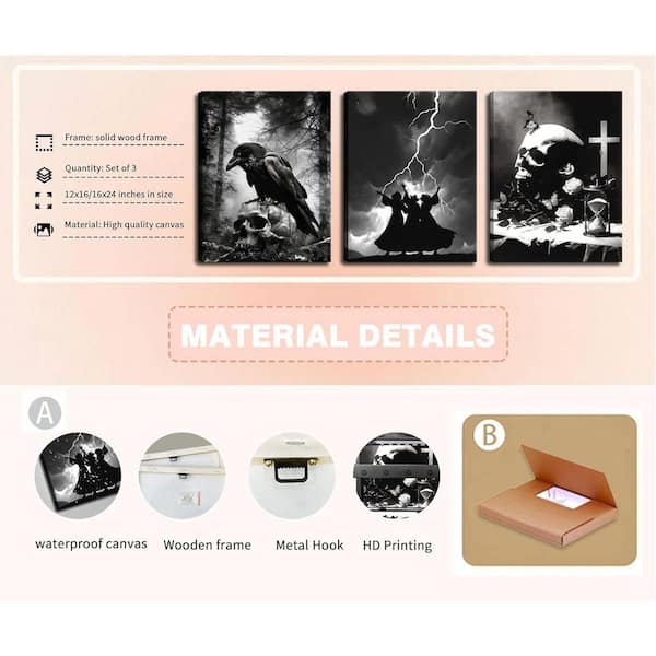 Framed 3 Piece Gothic Canvas Art Set, Crow and Skull Halloween