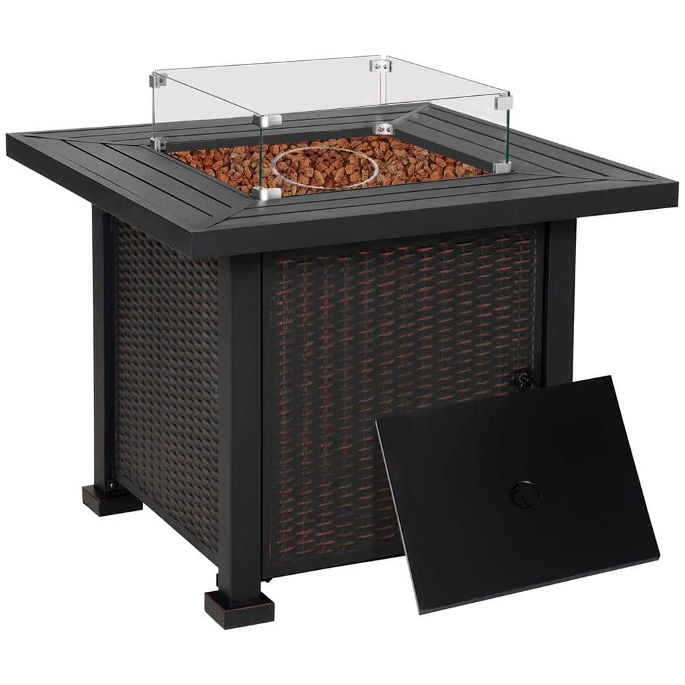 34 in. 50,000 BTU Black Metal Outdoor Propane Gas Fire Pit Table with Glass