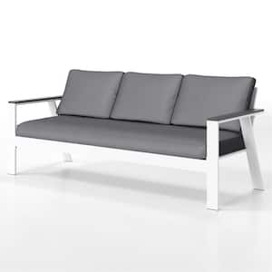 White Aluminum Outdoor Sofa Couch 3 Seats and Wood Grain Finish Arm with Gray Cushions