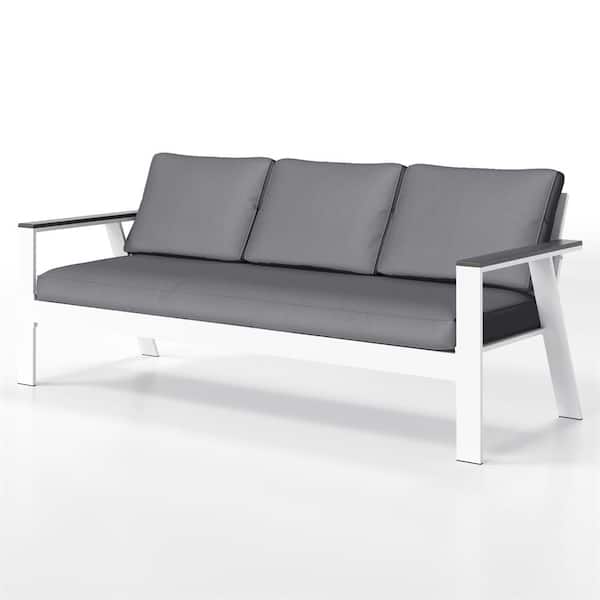 ANGELES HOME White Aluminum Outdoor Sofa Couch 3 Seats and Wood Grain Finish Arm with Gray Cushions