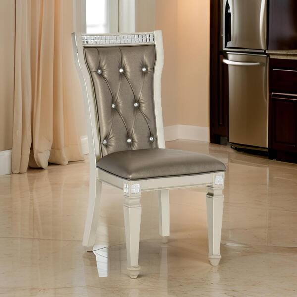 Set of Two Tufted Champagne Upholstered Faux Leather Dining Side Chairs Set of Two Tufted Champagne Upholstered Faux Leather Dining Side Chairs
