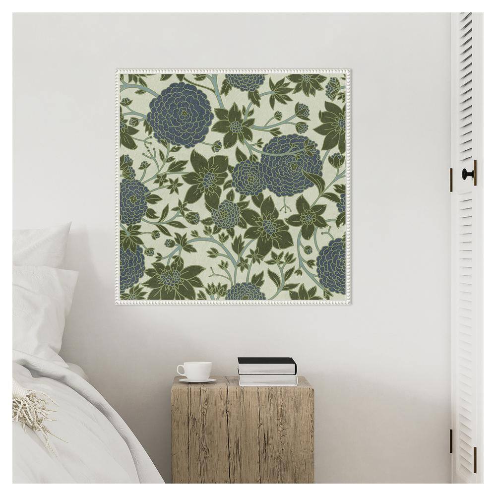 Puff Ball Vines Blue Green Abstract Canvas Wall Art with White Frame