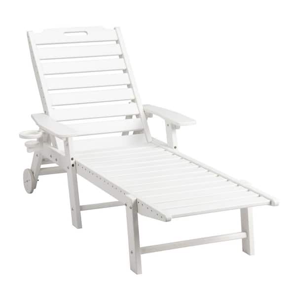 VINGLI White Plastic Outdoor Chaise Lounge, HDPE Chaise Lounge with 5-Position Adjustable Backrest and Wheels for Pool Backyard