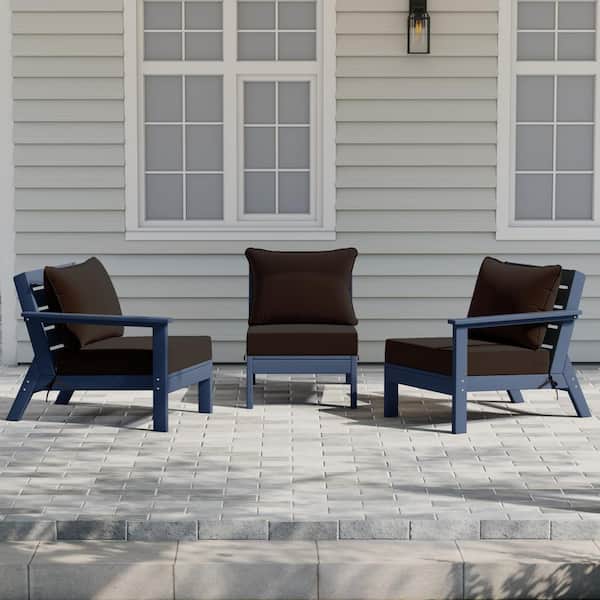 Birchwood Navy Blue Arrangeable 3-Piece HDPE Deep Seating Outdoor Patio Conversation Sofa Armchair Set w/Brown Cushions
