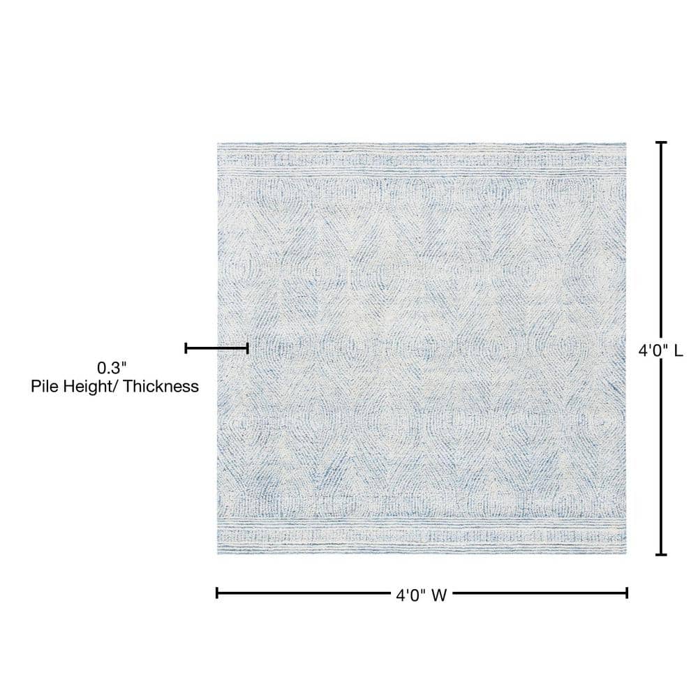 Ivory and Blue Abstract Wool 4' x 4' Square Rug