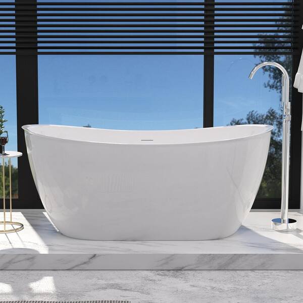 INSTER MUTE 59 in. Acrylic Flatbottom Freestanding Elegant Non-Whirlpool Double Slipper Soaking Bathtub in White