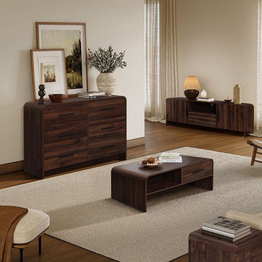 Modern Walnut Finish 6-Drawer 47.24 in. Dresser, Engineered Wood Storage Chest with Rounded Corners