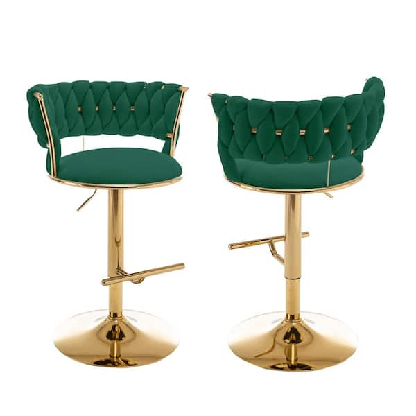 Best Quality Furniture Tory 24-32 in. Upholstered Emerald Green Low Back Gold Metal Frame Adjustable Bar Stool With Velvet Fabric (Set of 2)
