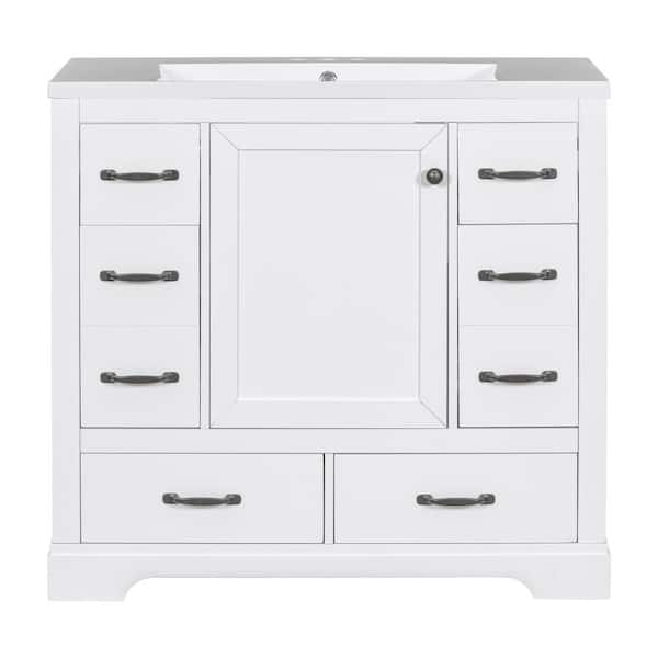 Virubi 36 in. W x 18 in. D x 34.2 in. H Single Sink Bath Vanity in White with White Ceramic Top, 6-drawer and Adjustable Shelf