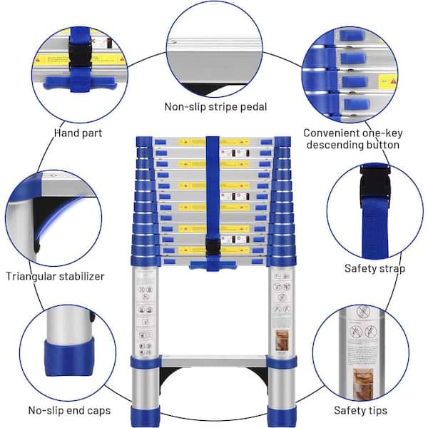 15.5 ft. Aluminum Portable Extension Ladder with Triangle Stabilizers for Home, Outdoor, 330 lbs. Blue