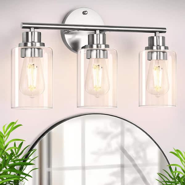 YANSUN 15.7 in. 3-Light Brushed Nickel Cylinder Modern Bathroom Vanity Light with Clear Glass Shade, Wall Lamp for Mirror