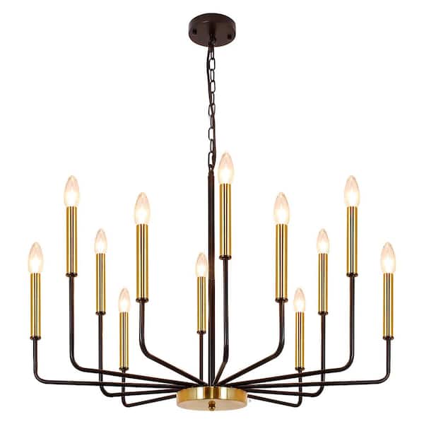 Rviezza Farmhouse 12-Lights Black gold Candle Chandeliers, Traditional Dining Room Pendant Light Fixture