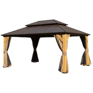 10 ft. x 14 ft. Brown Solid Wood Hardtop Gazebo with Galvanized Steel Double Roof, Netting and Curtains