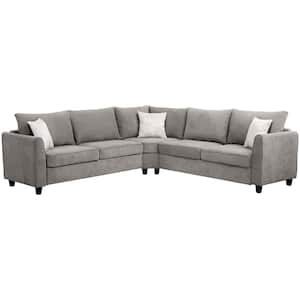 100 in. W Gray Scroll Arm 3-Piece Polyester Fabric L Shape 6 Seats Sectional Sofa Couch with 3-Pillows