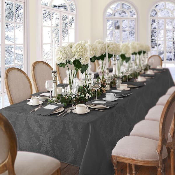 Elrene 60 in. W x 84 in. L OvaL Gray Barcelona Damask Fabric Tablecloth