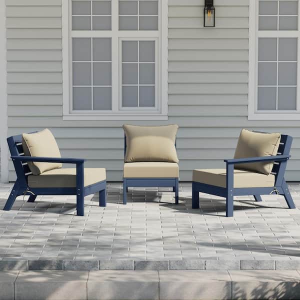 Birchwood Navy Blue Arrangeable 3-Piece HDPE Deep Seating Outdoor Patio Conversation Sofa Armchair Set w/Beige Cushions