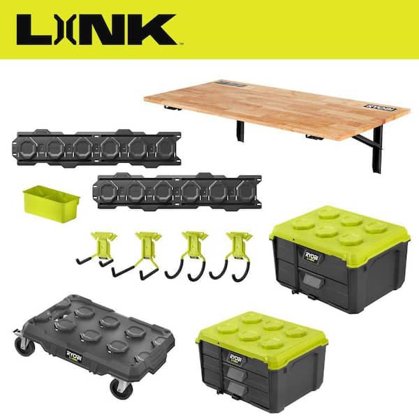 LINK 7-Piece Wall Storage Kit, Folding Workbench Table, Modular Dolly, 2-Drawer and 20 in. 3-Drawer Tool Box Combo